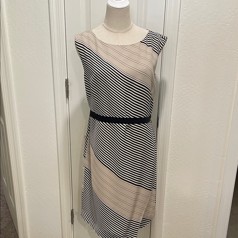 Ann Taylor Striped Navy Blue and Tan Dress